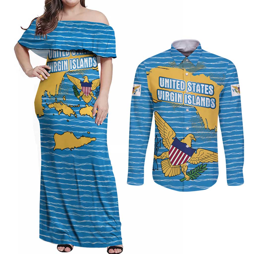 United States Virgin Islands Couples Matching Off Shoulder Maxi Dress and Long Sleeve Button Shirt with Blue Yellow Ocean Design and Eagle Map Pattern - Wonder Print Shop