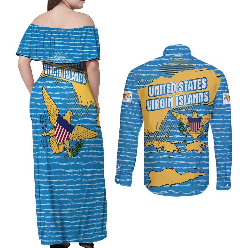 United States Virgin Islands Couples Matching Off Shoulder Maxi Dress and Long Sleeve Button Shirt with Blue Yellow Ocean Design and Eagle Map Pattern - Wonder Print Shop
