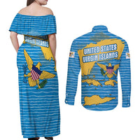United States Virgin Islands Couples Matching Off Shoulder Maxi Dress and Long Sleeve Button Shirt with Blue Yellow Ocean Design and Eagle Map Pattern - Wonder Print Shop