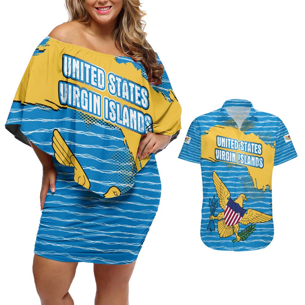 United States Virgin Islands Couples Matching Off Shoulder Short Dress and Hawaiian Shirt with Blue Yellow Ocean Design and Eagle Map Pattern - Wonder Print Shop