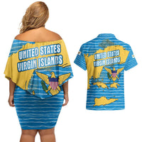 United States Virgin Islands Couples Matching Off Shoulder Short Dress and Hawaiian Shirt with Blue Yellow Ocean Design and Eagle Map Pattern - Wonder Print Shop