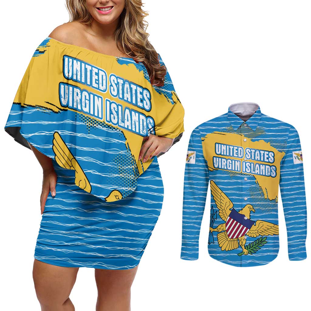 United States Virgin Islands Couples Matching Off Shoulder Short Dress and Long Sleeve Button Shirt with Blue Yellow Ocean Design and Eagle Map Pattern - Wonder Print Shop