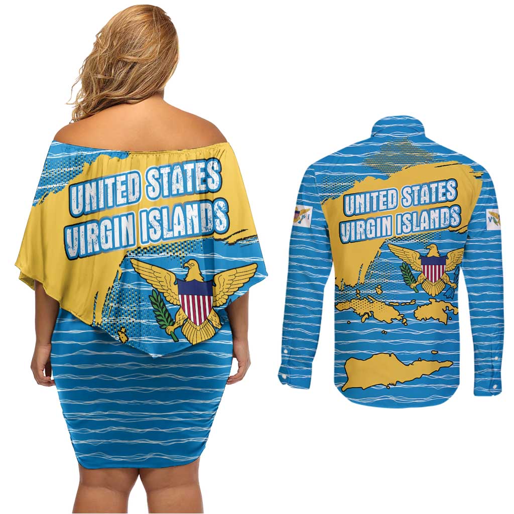 United States Virgin Islands Couples Matching Off Shoulder Short Dress and Long Sleeve Button Shirt with Blue Yellow Ocean Design and Eagle Map Pattern - Wonder Print Shop