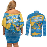 United States Virgin Islands Couples Matching Off Shoulder Short Dress and Long Sleeve Button Shirt with Blue Yellow Ocean Design and Eagle Map Pattern - Wonder Print Shop
