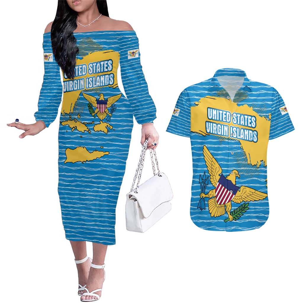 United States Virgin Islands Couples Matching Off The Shoulder Long Sleeve Dress and Hawaiian Shirt with Blue Yellow Ocean Design and Eagle Map Pattern - Wonder Print Shop