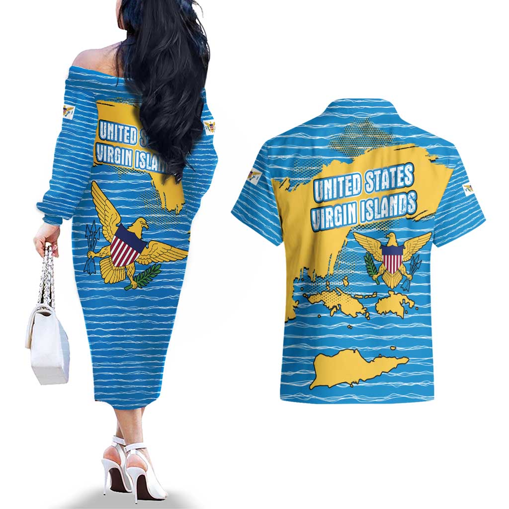United States Virgin Islands Couples Matching Off The Shoulder Long Sleeve Dress and Hawaiian Shirt with Blue Yellow Ocean Design and Eagle Map Pattern - Wonder Print Shop