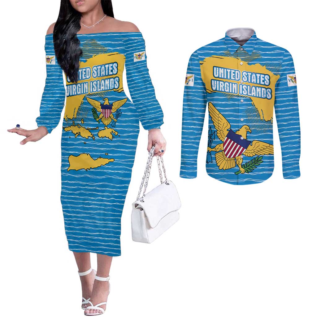 United States Virgin Islands Couples Matching Off The Shoulder Long Sleeve Dress and Long Sleeve Button Shirt with Blue Yellow Ocean Design and Eagle Map Pattern - Wonder Print Shop