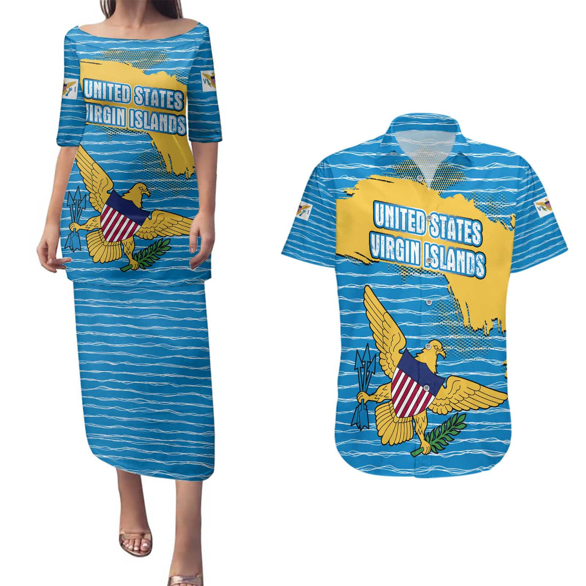 United States Virgin Islands Couples Matching Puletasi and Hawaiian Shirt with Blue Yellow Ocean Design and Eagle Map Pattern - Wonder Print Shop