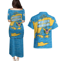 United States Virgin Islands Couples Matching Puletasi and Hawaiian Shirt with Blue Yellow Ocean Design and Eagle Map Pattern - Wonder Print Shop