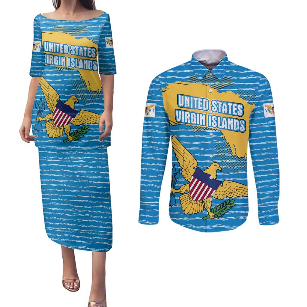 United States Virgin Islands Couples Matching Puletasi and Long Sleeve Button Shirt with Blue Yellow Ocean Design and Eagle Map Pattern - Wonder Print Shop