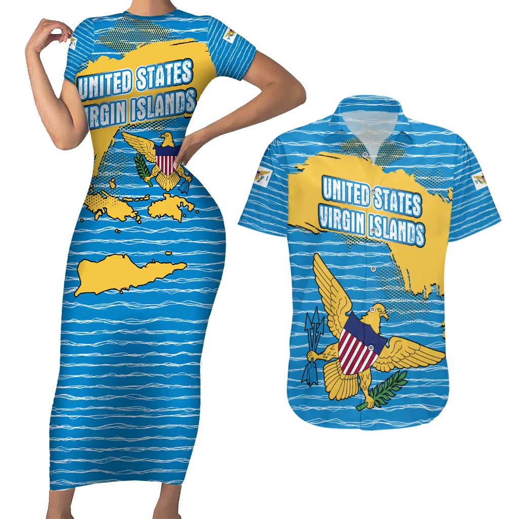 United States Virgin Islands Couples Matching Short Sleeve Bodycon Dress and Hawaiian Shirt with Blue Yellow Ocean Design and Eagle Map Pattern - Wonder Print Shop