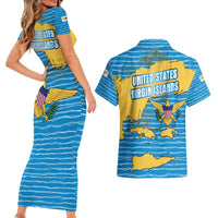 United States Virgin Islands Couples Matching Short Sleeve Bodycon Dress and Hawaiian Shirt with Blue Yellow Ocean Design and Eagle Map Pattern - Wonder Print Shop