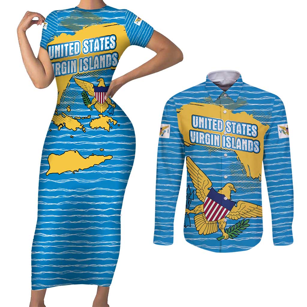 United States Virgin Islands Couples Matching Short Sleeve Bodycon Dress and Long Sleeve Button Shirt with Blue Yellow Ocean Design and Eagle Map Pattern - Wonder Print Shop
