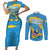 United States Virgin Islands Couples Matching Short Sleeve Bodycon Dress and Long Sleeve Button Shirt with Blue Yellow Ocean Design and Eagle Map Pattern - Wonder Print Shop