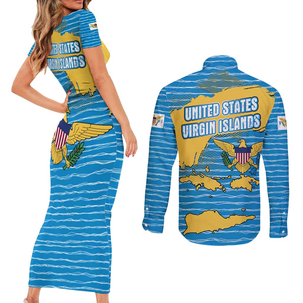 United States Virgin Islands Couples Matching Short Sleeve Bodycon Dress and Long Sleeve Button Shirt with Blue Yellow Ocean Design and Eagle Map Pattern - Wonder Print Shop