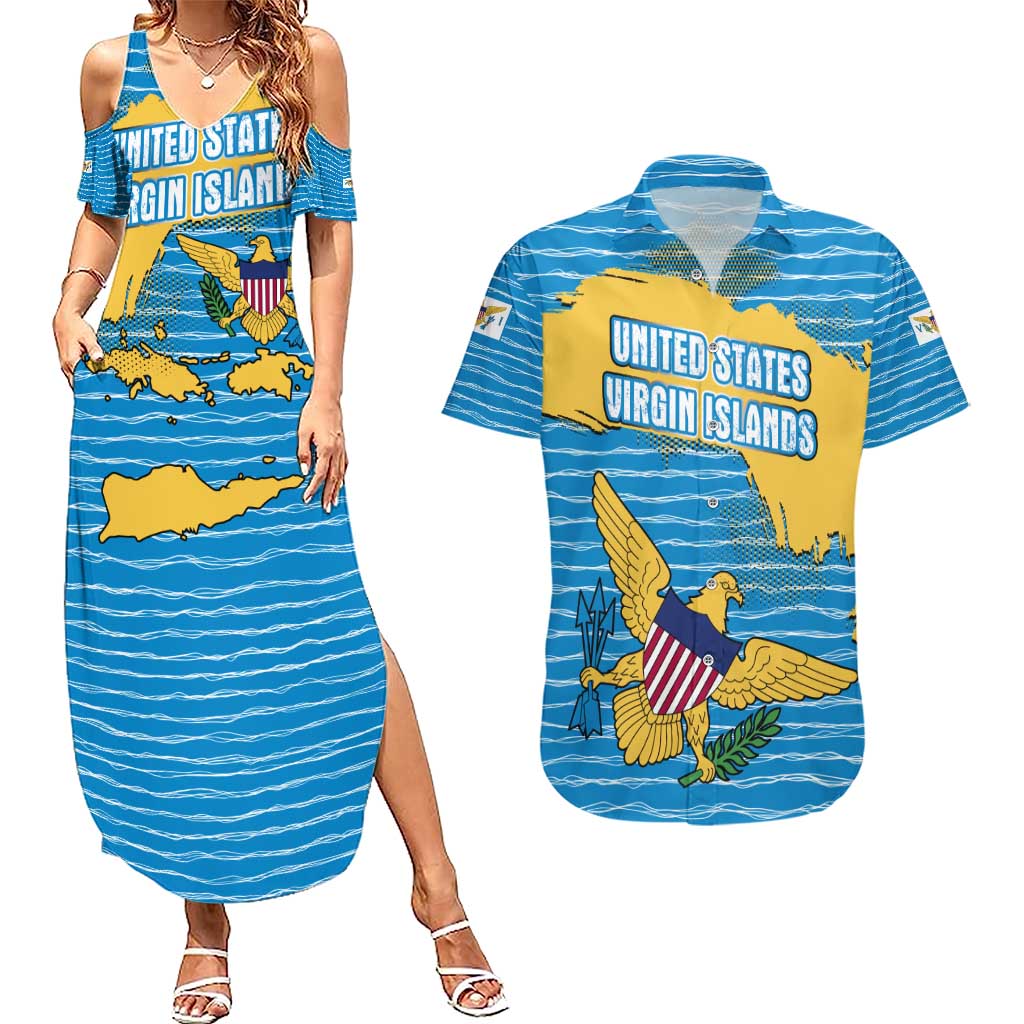 United States Virgin Islands Couples Matching Summer Maxi Dress and Hawaiian Shirt with Blue Yellow Ocean Design and Eagle Map Pattern - Wonder Print Shop
