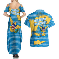 United States Virgin Islands Couples Matching Summer Maxi Dress and Hawaiian Shirt with Blue Yellow Ocean Design and Eagle Map Pattern - Wonder Print Shop