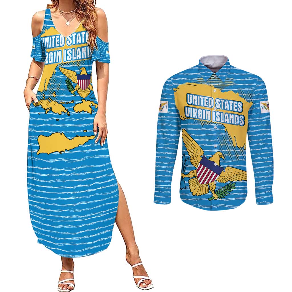 United States Virgin Islands Couples Matching Summer Maxi Dress and Long Sleeve Button Shirt with Blue Yellow Ocean Design and Eagle Map Pattern - Wonder Print Shop
