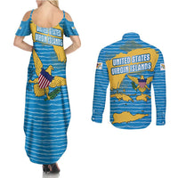 United States Virgin Islands Couples Matching Summer Maxi Dress and Long Sleeve Button Shirt with Blue Yellow Ocean Design and Eagle Map Pattern - Wonder Print Shop