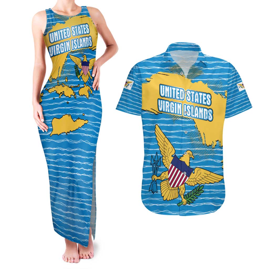 United States Virgin Islands Couples Matching Tank Maxi Dress and Hawaiian Shirt with Blue Yellow Ocean Design and Eagle Map Pattern - Wonder Print Shop