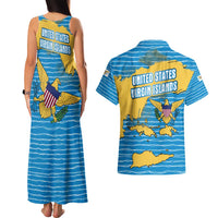 United States Virgin Islands Couples Matching Tank Maxi Dress and Hawaiian Shirt with Blue Yellow Ocean Design and Eagle Map Pattern - Wonder Print Shop