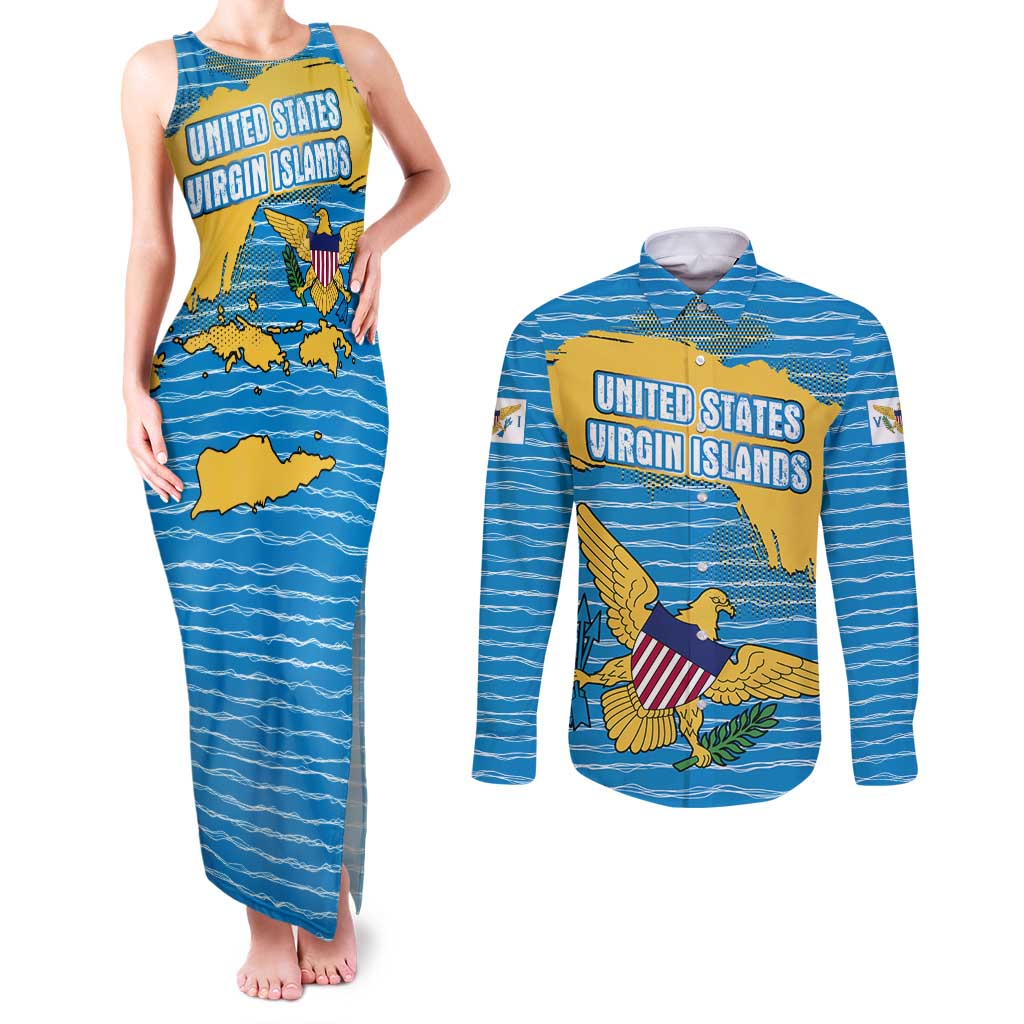 United States Virgin Islands Couples Matching Tank Maxi Dress and Long Sleeve Button Shirt with Blue Yellow Ocean Design and Eagle Map Pattern - Wonder Print Shop