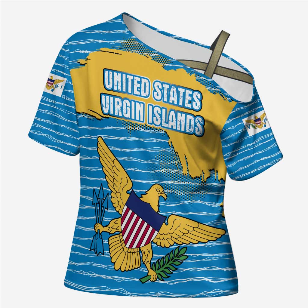 United States Virgin Islands Cross Shoulder Shirt with Blue Yellow Ocean Design and Eagle Map Pattern - Wonder Print Shop