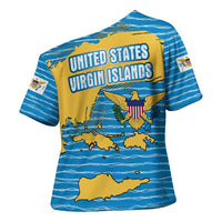 United States Virgin Islands Cross Shoulder Shirt with Blue Yellow Ocean Design and Eagle Map Pattern - Wonder Print Shop