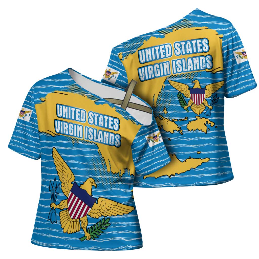 United States Virgin Islands Cross Shoulder Shirt with Blue Yellow Ocean Design and Eagle Map Pattern - Wonder Print Shop