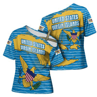 United States Virgin Islands Cross Shoulder Shirt with Blue Yellow Ocean Design and Eagle Map Pattern - Wonder Print Shop