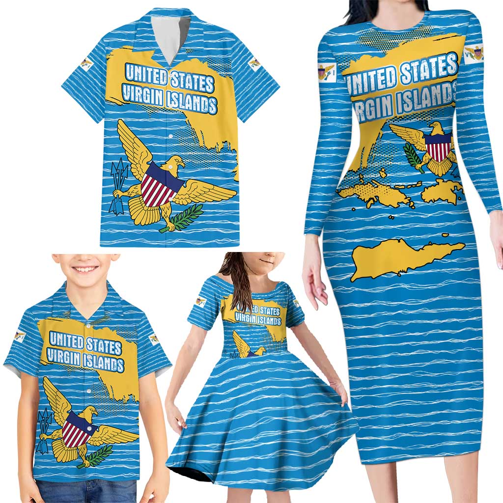 United States Virgin Islands Family Matching Long Sleeve Bodycon Dress and Hawaiian Shirt with Blue Yellow Ocean Design and Eagle Map Pattern - Wonder Print Shop