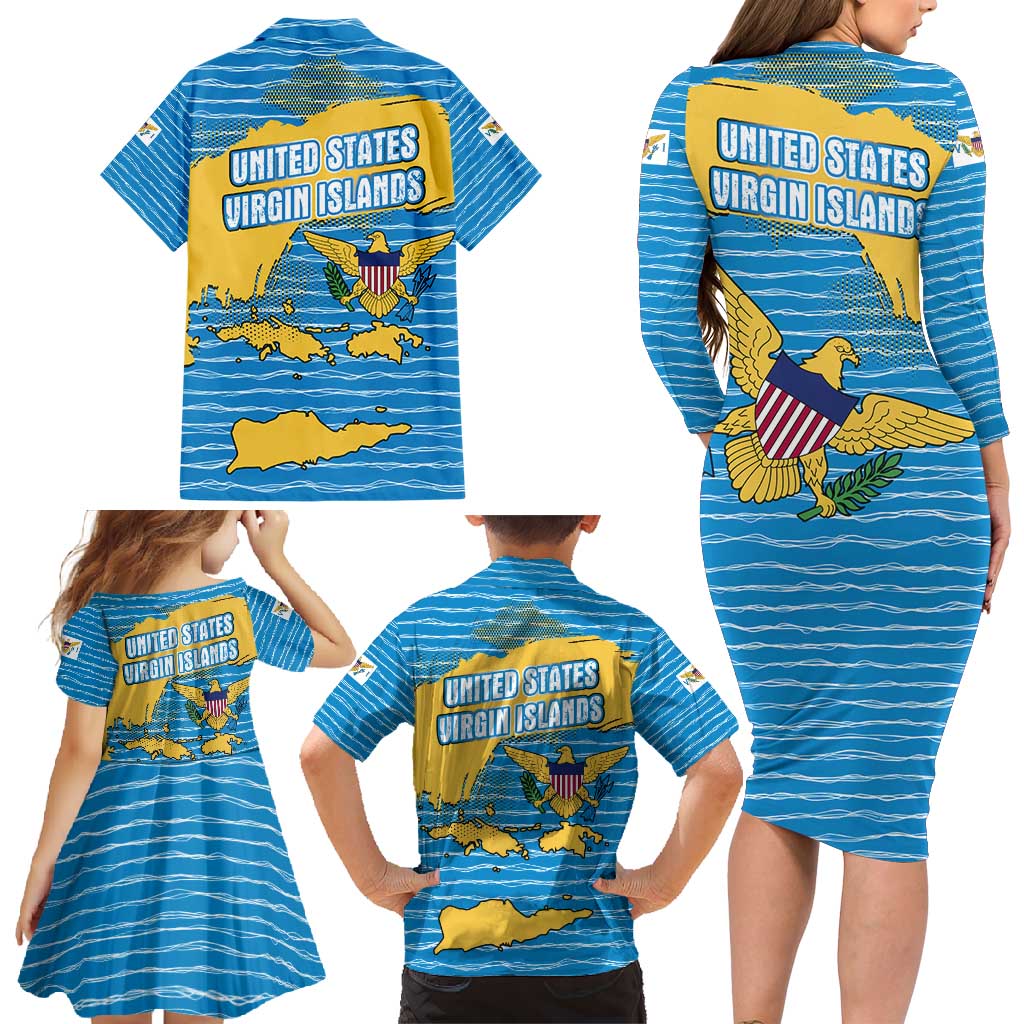United States Virgin Islands Family Matching Long Sleeve Bodycon Dress and Hawaiian Shirt with Blue Yellow Ocean Design and Eagle Map Pattern - Wonder Print Shop