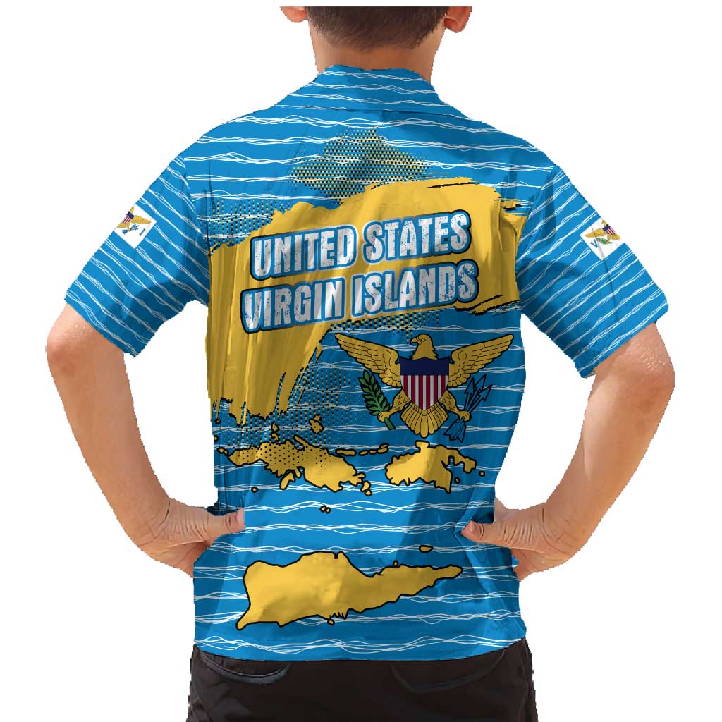 United States Virgin Islands Family Matching Mermaid Dress and Hawaiian Shirt with Blue Yellow Ocean Design and Eagle Map Pattern - Wonder Print Shop