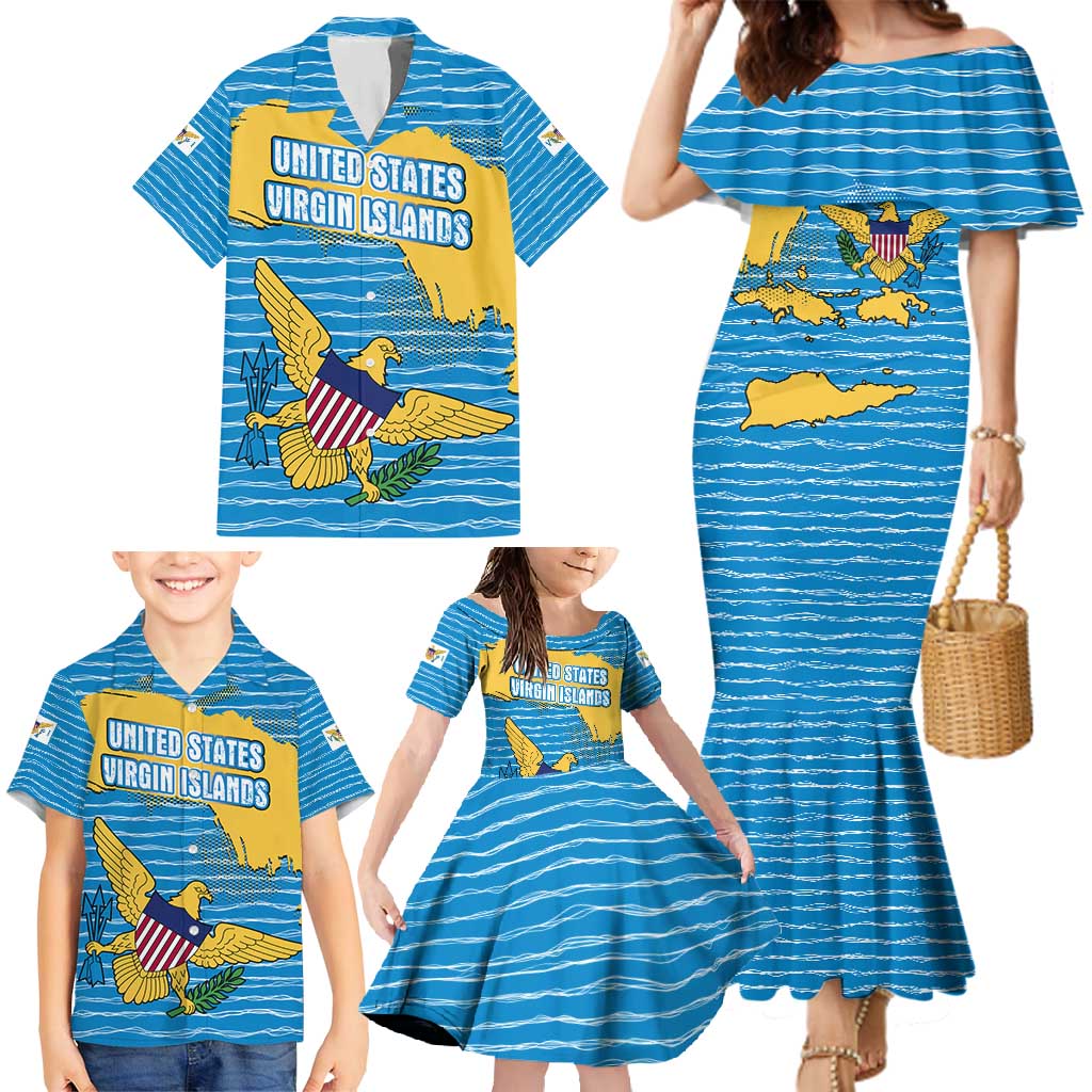 United States Virgin Islands Family Matching Mermaid Dress and Hawaiian Shirt with Blue Yellow Ocean Design and Eagle Map Pattern - Wonder Print Shop
