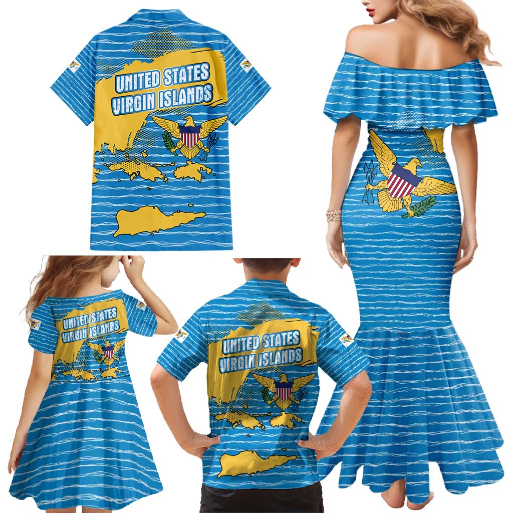 United States Virgin Islands Family Matching Mermaid Dress and Hawaiian Shirt with Blue Yellow Ocean Design and Eagle Map Pattern - Wonder Print Shop