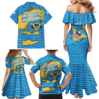 United States Virgin Islands Family Matching Mermaid Dress and Hawaiian Shirt with Blue Yellow Ocean Design and Eagle Map Pattern - Wonder Print Shop