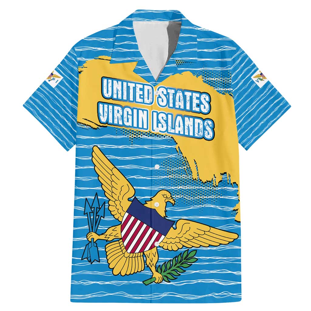 United States Virgin Islands Family Matching Mermaid Dress and Hawaiian Shirt with Blue Yellow Ocean Design and Eagle Map Pattern - Wonder Print Shop