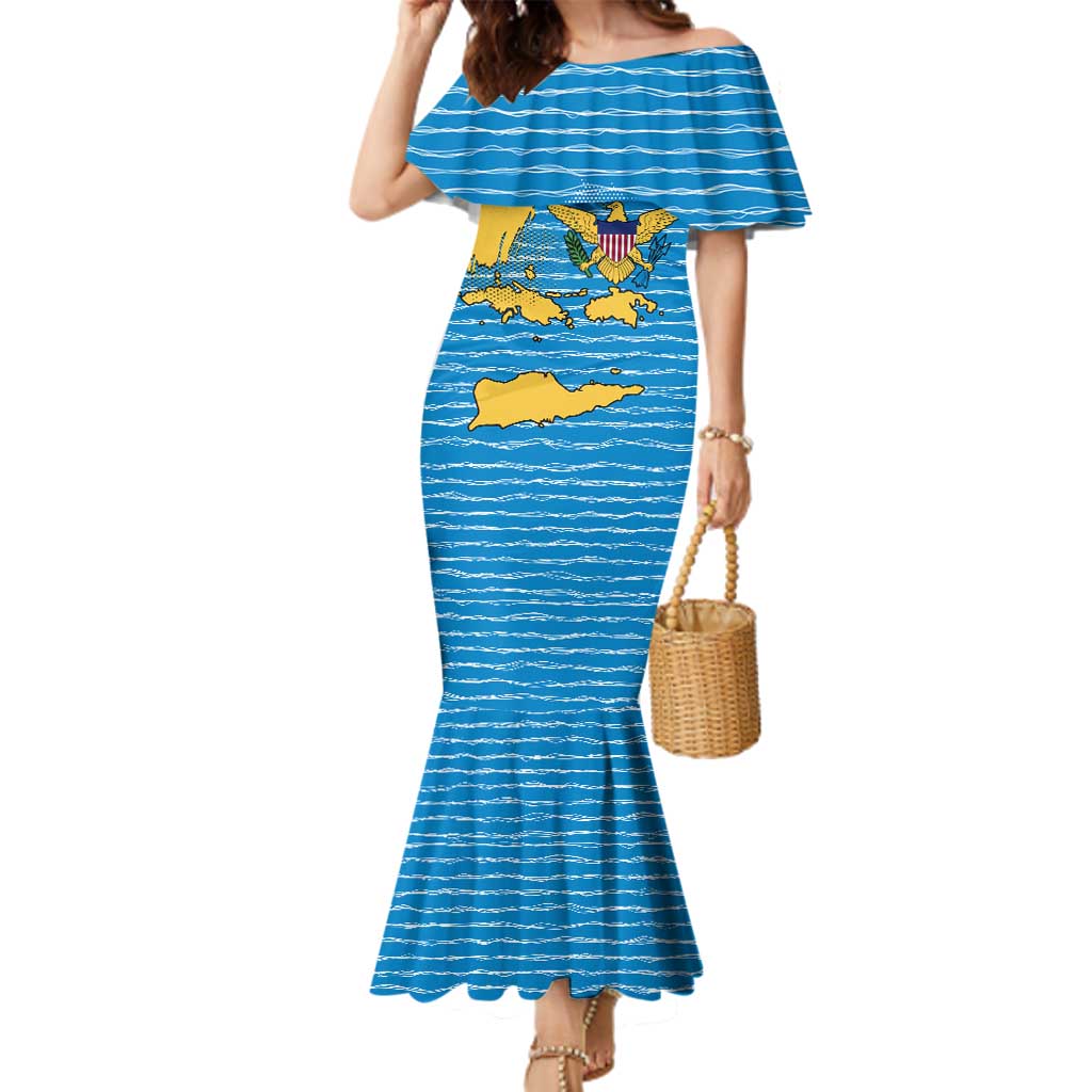 United States Virgin Islands Family Matching Mermaid Dress and Hawaiian Shirt with Blue Yellow Ocean Design and Eagle Map Pattern - Wonder Print Shop