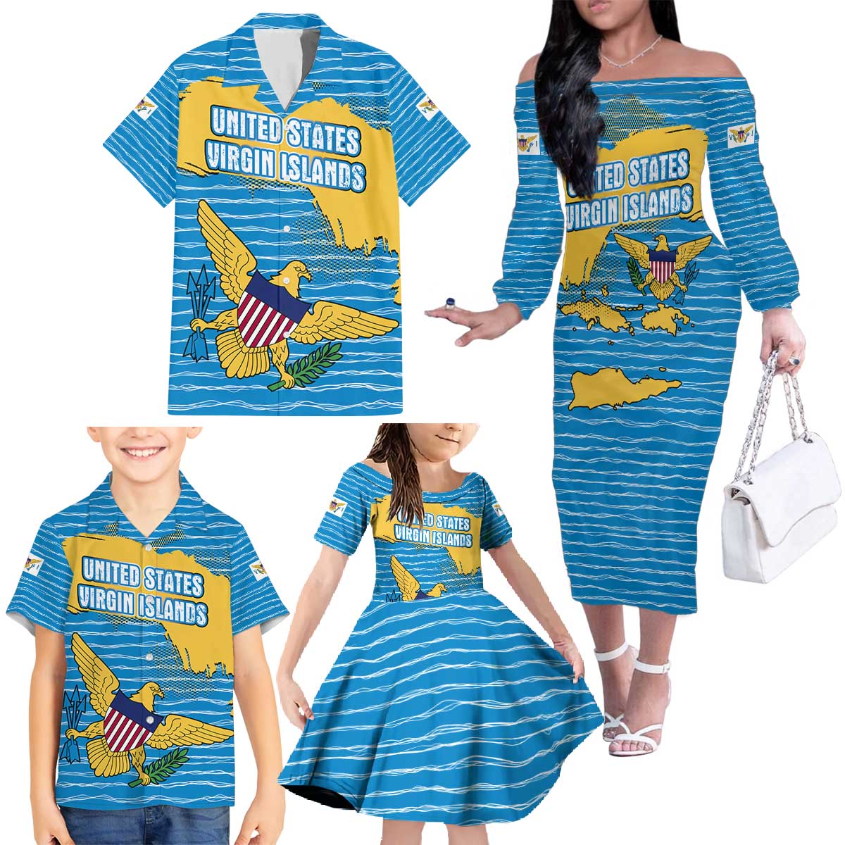 United States Virgin Islands Family Matching Off The Shoulder Long Sleeve Dress and Hawaiian Shirt with Blue Yellow Ocean Design and Eagle Map Pattern - Wonder Print Shop