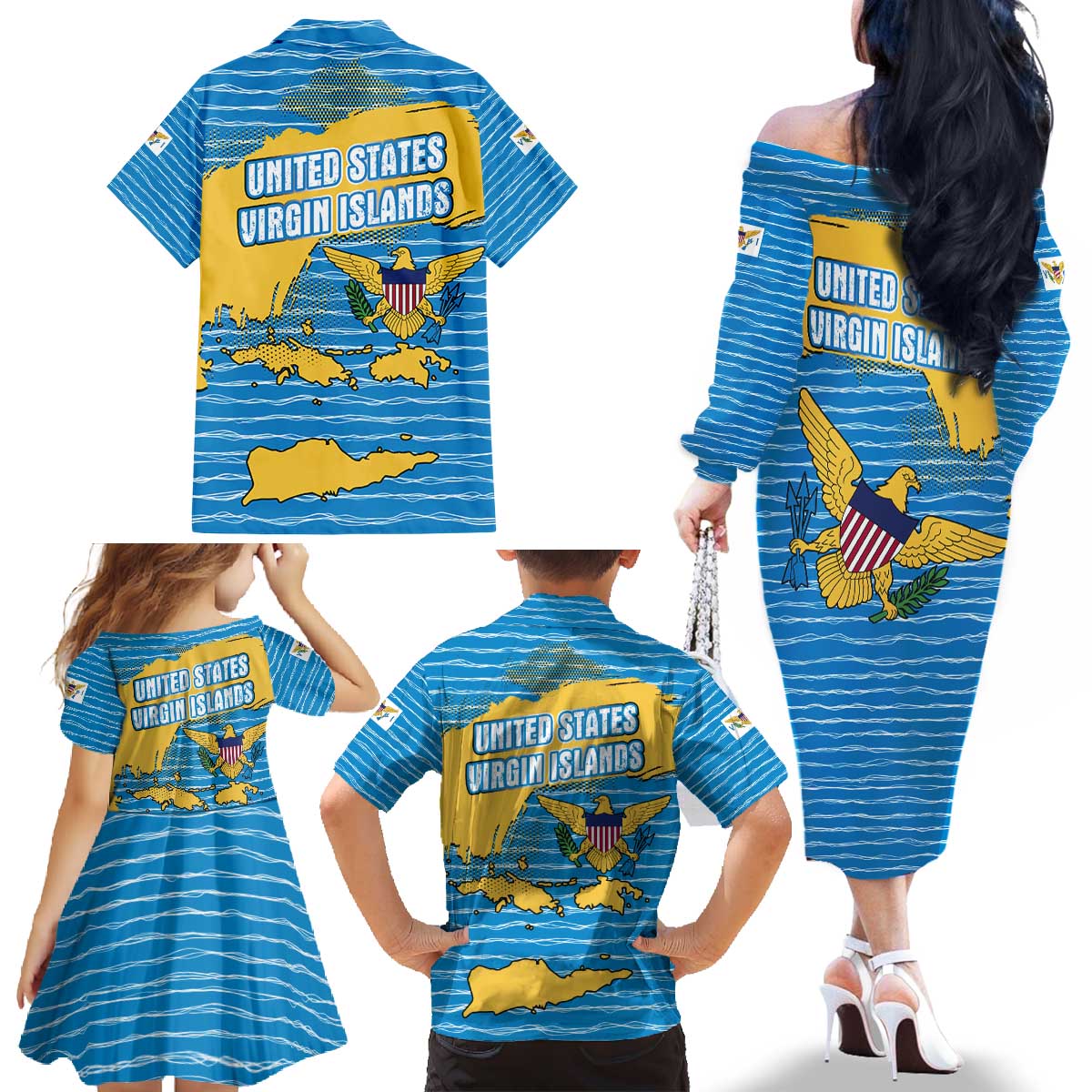 United States Virgin Islands Family Matching Off The Shoulder Long Sleeve Dress and Hawaiian Shirt with Blue Yellow Ocean Design and Eagle Map Pattern - Wonder Print Shop
