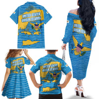 United States Virgin Islands Family Matching Off The Shoulder Long Sleeve Dress and Hawaiian Shirt with Blue Yellow Ocean Design and Eagle Map Pattern - Wonder Print Shop