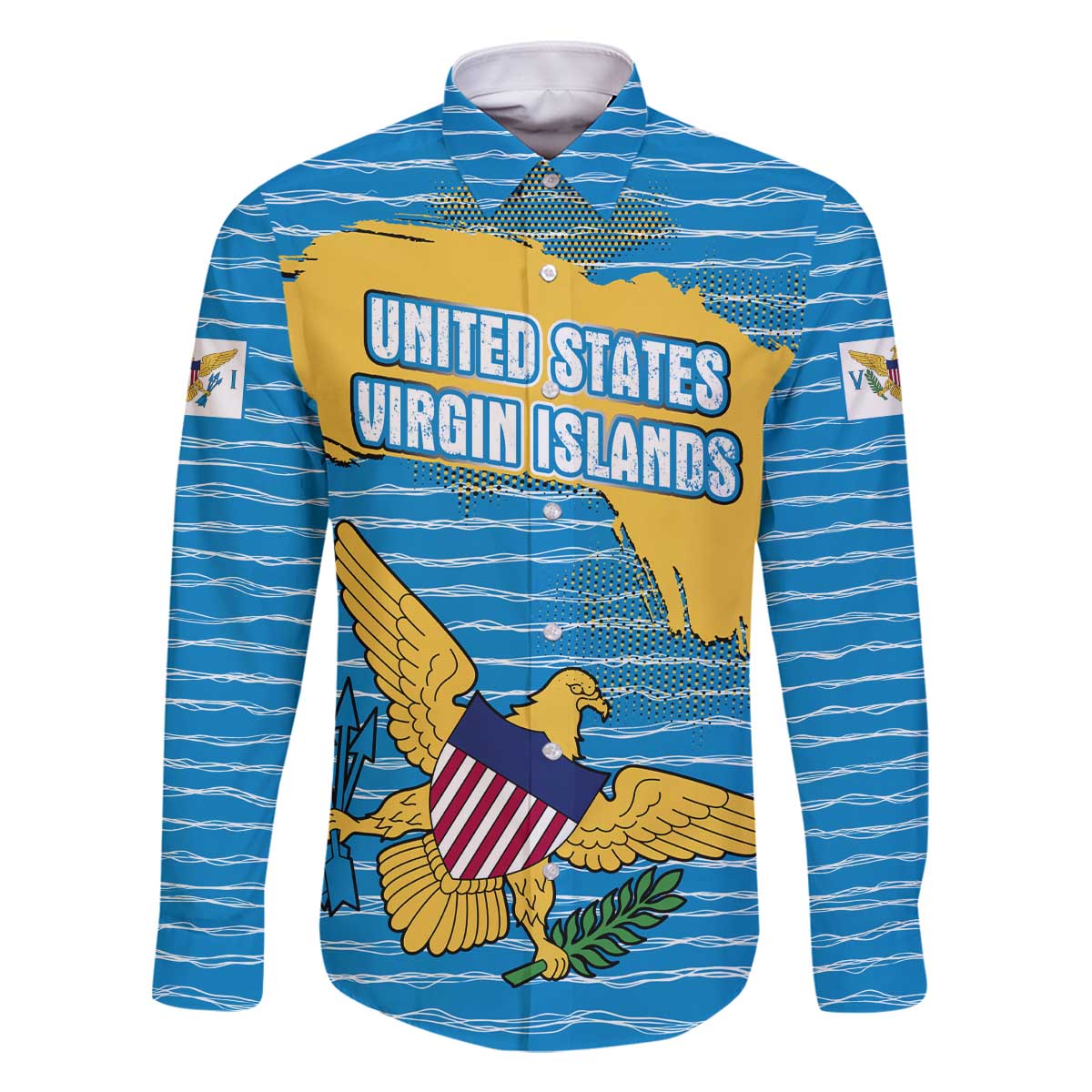 United States Virgin Islands Family Matching Off The Shoulder Long Sleeve Dress and Hawaiian Shirt with Blue Yellow Ocean Design and Eagle Map Pattern - Wonder Print Shop