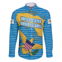 United States Virgin Islands Family Matching Off The Shoulder Long Sleeve Dress and Hawaiian Shirt with Blue Yellow Ocean Design and Eagle Map Pattern - Wonder Print Shop