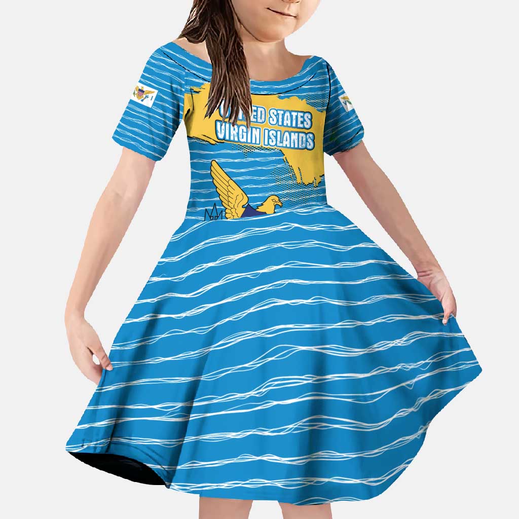 United States Virgin Islands Family Matching Off Shoulder Maxi Dress and Hawaiian Shirt with Blue Yellow Ocean Design and Eagle Map Pattern - Wonder Print Shop