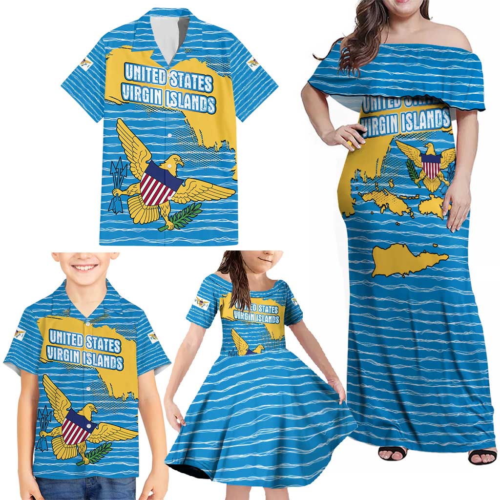 United States Virgin Islands Family Matching Off Shoulder Maxi Dress and Hawaiian Shirt with Blue Yellow Ocean Design and Eagle Map Pattern - Wonder Print Shop