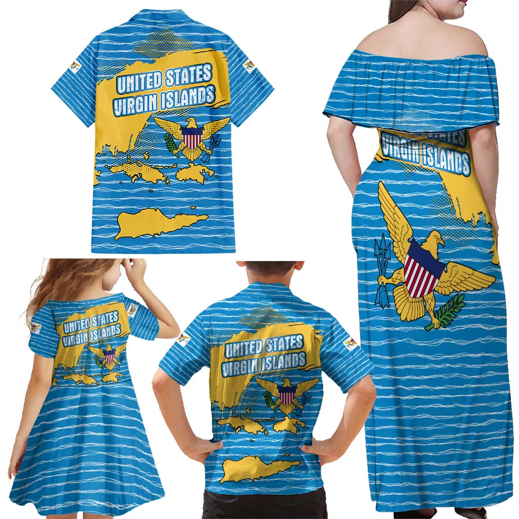 United States Virgin Islands Family Matching Off Shoulder Maxi Dress and Hawaiian Shirt with Blue Yellow Ocean Design and Eagle Map Pattern - Wonder Print Shop
