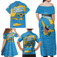 United States Virgin Islands Family Matching Off Shoulder Maxi Dress and Hawaiian Shirt with Blue Yellow Ocean Design and Eagle Map Pattern - Wonder Print Shop