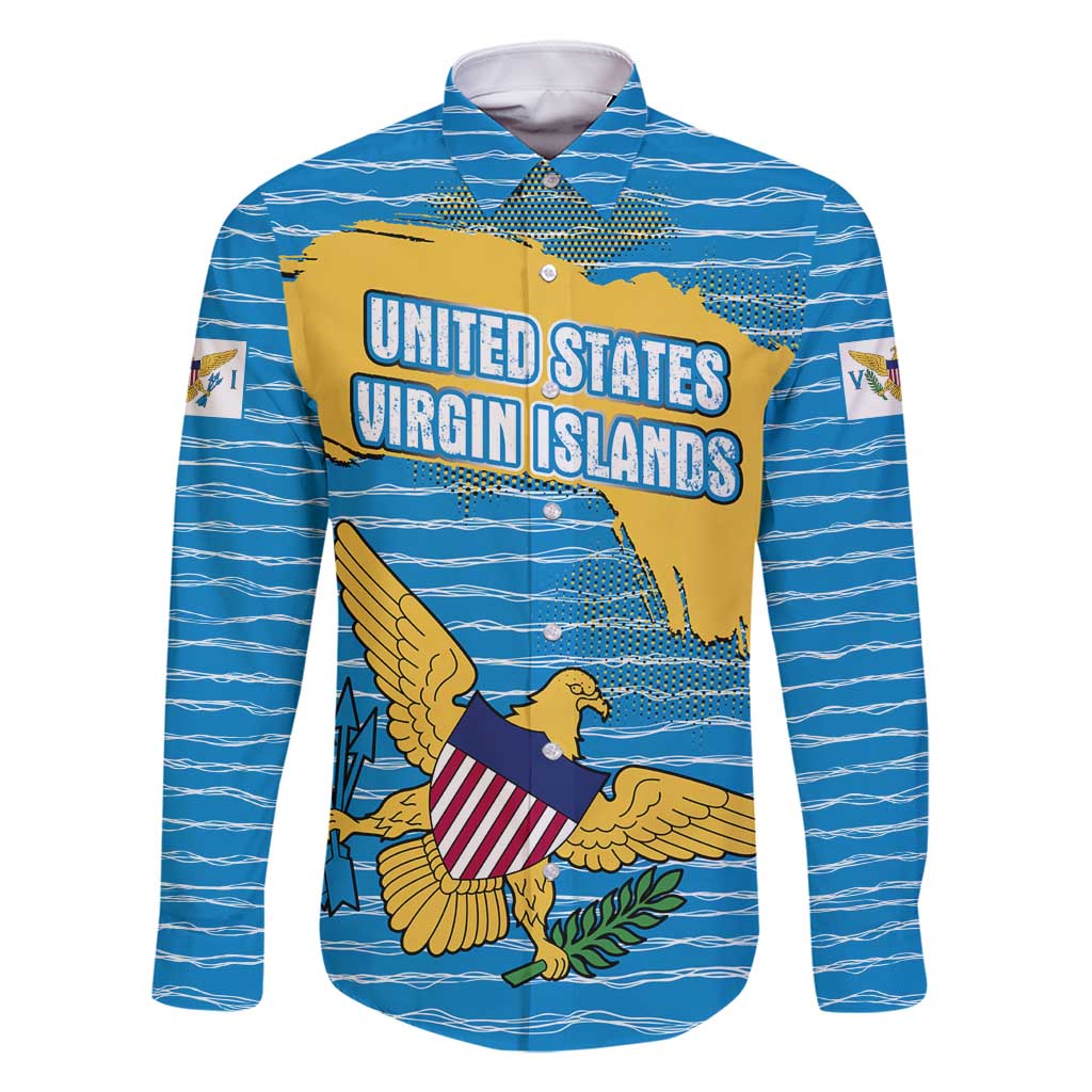 United States Virgin Islands Family Matching Off Shoulder Maxi Dress and Hawaiian Shirt with Blue Yellow Ocean Design and Eagle Map Pattern - Wonder Print Shop