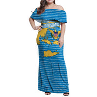 United States Virgin Islands Family Matching Off Shoulder Maxi Dress and Hawaiian Shirt with Blue Yellow Ocean Design and Eagle Map Pattern - Wonder Print Shop