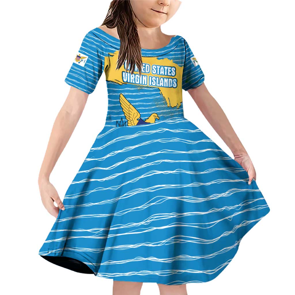 United States Virgin Islands Family Matching Off Shoulder Short Dress and Hawaiian Shirt with Blue Yellow Ocean Design and Eagle Map Pattern - Wonder Print Shop